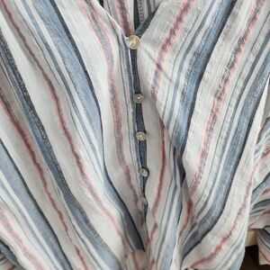 By Together White Button-Up Blouse with Blue & Coral Stripes